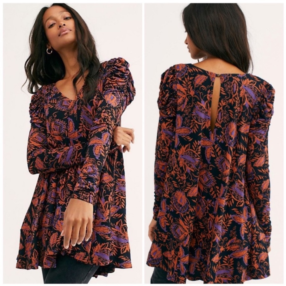 Free People Hello Lover Floral Print Ruched Long Sleeve Tunic Top - XS